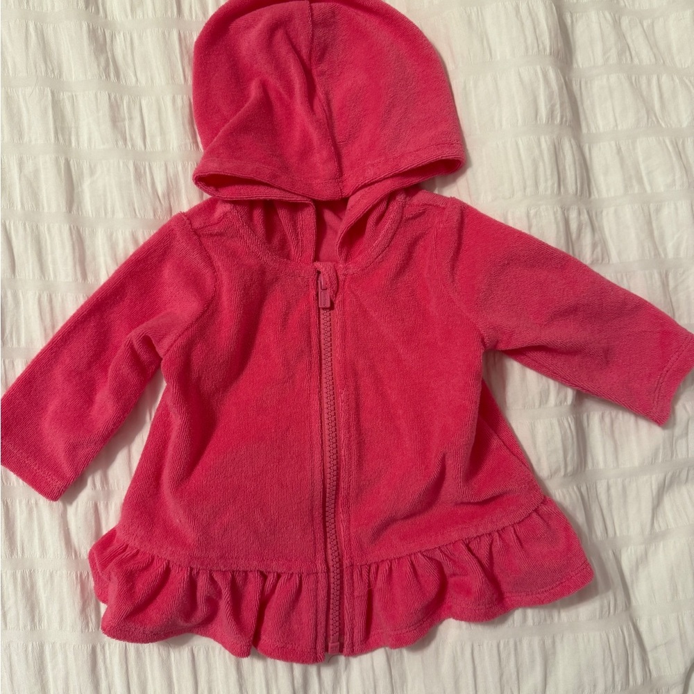 Pink Terry Cloth Hooded Baby Ruffle Swim Cover-Up